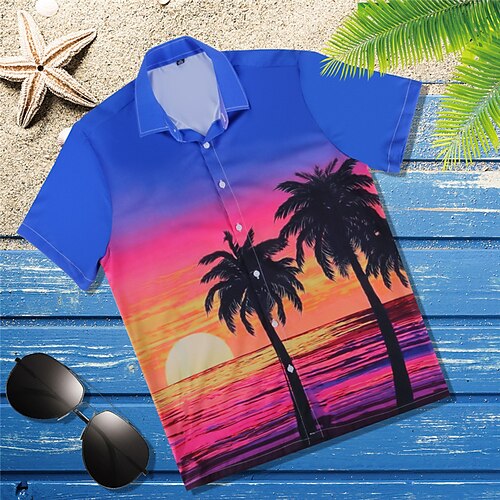 

Men's Shirt Summer Hawaiian Shirt Coconut Tree Graphic Prints Turndown Blue Casual Holiday Short Sleeve Button-Down Print Clothing Apparel Tropical Fashion Hawaiian Soft