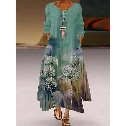

abito lungo floreale da donna abito maxi abito casual abito swing casual all'aperto quotidiano fine settimana tasca stampa manica lunga abito con scollo a v vestibilità ampia verde chiaro blu viola