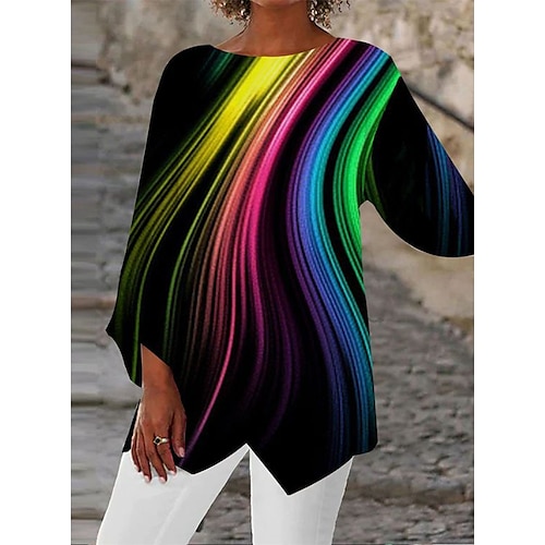 

Women's Shirt Blouse Graphic Butterfly Casual Daily Yellow Rainbow Print Asymmetric Long Sleeve Basic Neon & Bright Round Neck Regular Fit Spring Fall