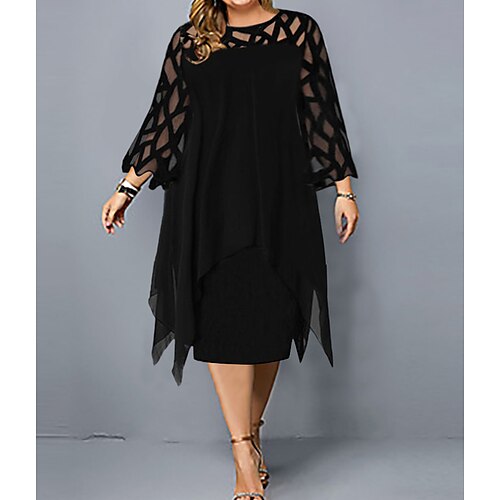 

Women's Plus Size Curve Party Dress Solid Color Round Neck Mesh 3/4 Length Sleeve Spring Summer Work Vintage Knee Length Dress Date Work Dress