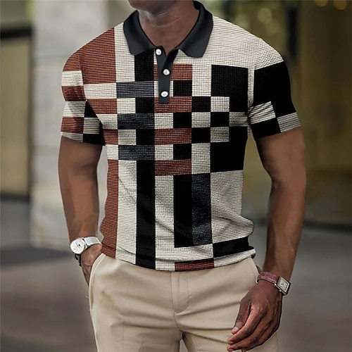 

Herr POLO Shirt Golftröja Våffelpikétröja Rutig Grafiska tryck Geometri Nedvikt Rubinrött Utomhus Gata Kort ärm Button-Down Mönster Kläder Mode Designer Ledigt Mjukt