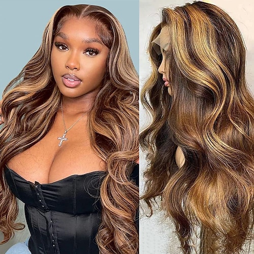 

highlight ombre blonde front paryk menneskehår 180% tæthed krop bølge blonde front parykker menneskehår forplukket 13x4 farvet 4/27 hd blonde frontal paryk med babyhår honning blond blonde front
