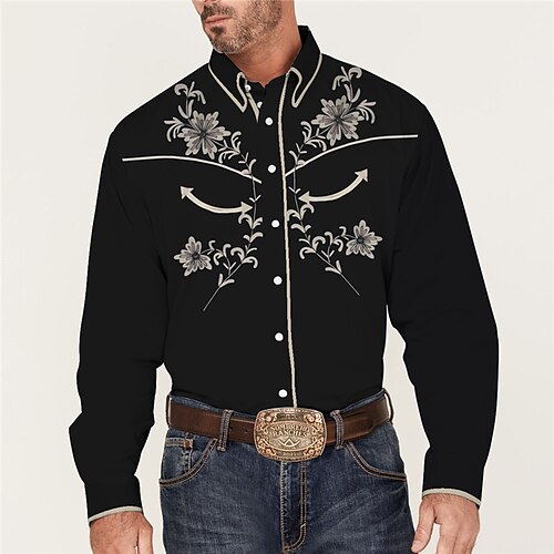 

Men's Shirt Western Shirt Floral Graphic Prints Turndown Yellow Blue Outdoor Street Long Sleeve Button-Down Print Clothing Apparel Fashion Streetwear Designer western style