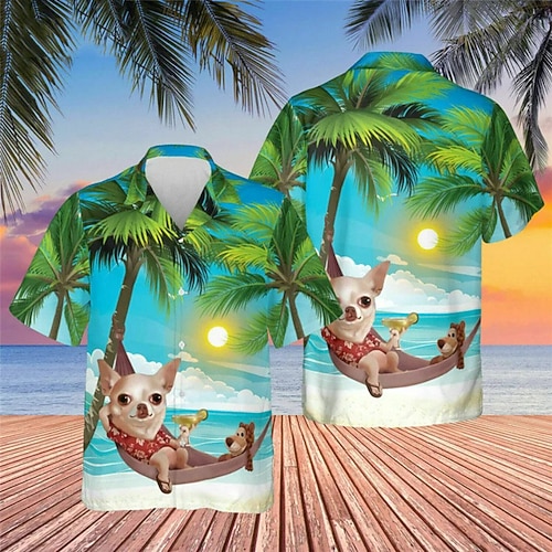 

Men's Shirt Summer Hawaiian Shirt Dog Coconut Tree Graphic Prints Beach Turndown Blue Casual Holiday Short Sleeve Button-Down Print Clothing Apparel Tropical Fashion Hawaiian Soft