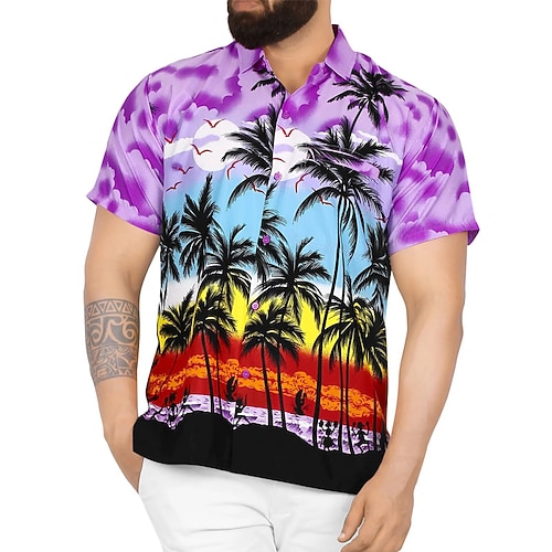 

Men's Shirt Summer Hawaiian Shirt Coconut Tree Graphic Prints Turndown Black Purple Outdoor Street Short Sleeves Button-Down Print Clothing Apparel Tropical Fashion Hawaiian Designer