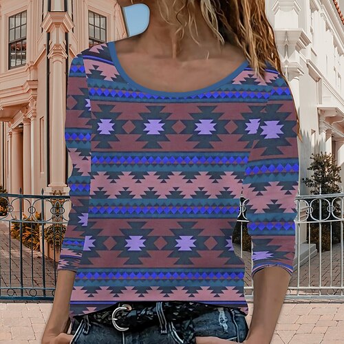 

Women's T shirt Tee Yellow Light Green Pink Geometric Print Long Sleeve Daily Weekend Ethnic Round Neck Regular Geometric Painting S