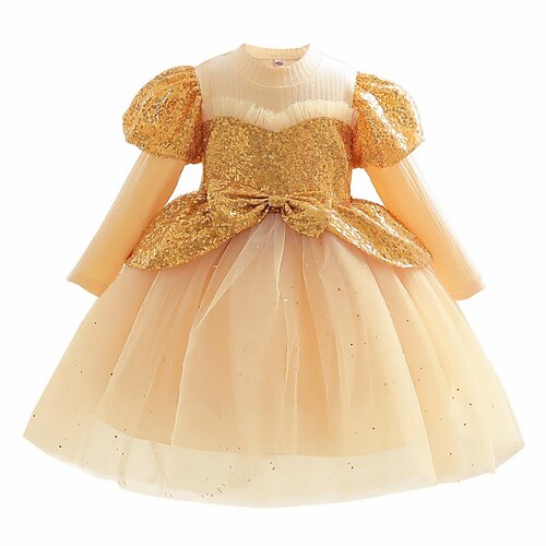 

Bambino (1-4 anni) Da ragazza Vestito da festa Tinta unica Abito in tulle Al ginocchio Vestito Prestazioni Con lustrini Girocollo Manica lunga Adorabile Vestito 3-7 anni Primavera Giallo