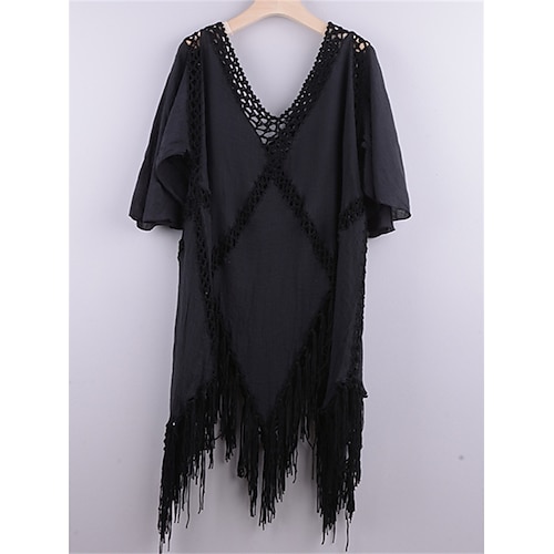 

copricostume da donna abito da spiaggia abbigliamento da spiaggia mini abito nappa frangia scava fuori caldo casual tinta unita v profondo manica corta sottile vacanza uscire nero blu 2023 autunno