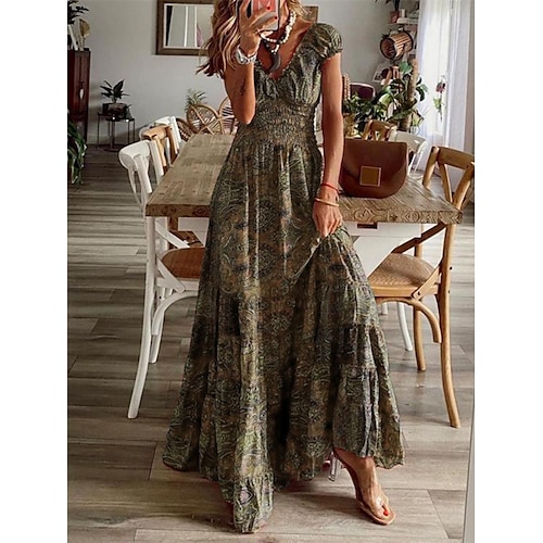 

Women's Long Dress Maxi Dress Casual Dress Vintage Dress Swing Dress Graphic Vintage Bohemian Vacation Going out Beach Ruched Print Short Sleeve V Neck Dress Regular Fit Brown Summer Spring S M L XL