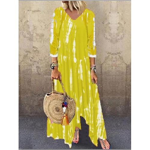 

abito lungo da donna abito maxi abito casual abito t-shirt abito stampato abito tie dye casual classico quotidiano data tasca divisa manica a 3/4 abito con scollo a V vestibilità regolare giallo