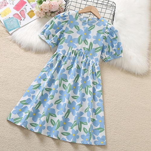 

Bambino Da ragazza Vestito Floreale Abito casual Al ginocchio Vestito Scuola Manica a sbuffo Girocollo Manica corta Giornaliero Vestito 4-13 anni Estate Blu Viola