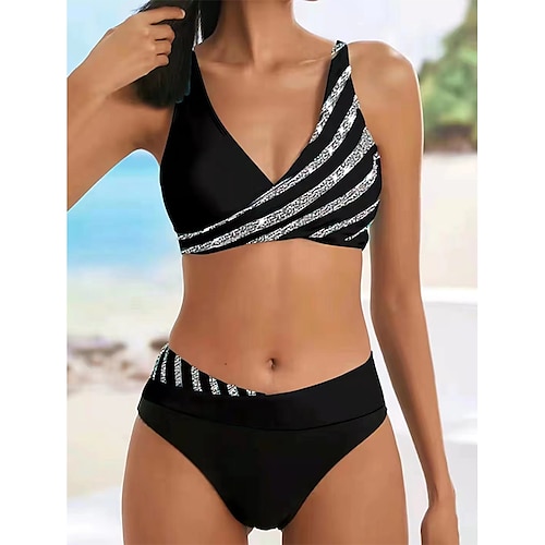 

Women's Plus Size Swimwear Bikini Swimsuit 2 Piece Stripe Striped Beach Wear Push Up Bathing Suits