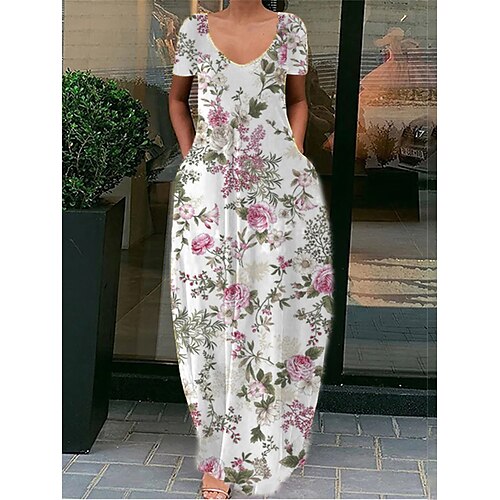 

Dame Lang kjole Maxikjole Uformell kjole Skiftkjole Blomsternål i krystall Fritid Daglig Helg Lomme Trykt mønster Kortermet V-hals Kjole Normal Hvit Gul Beige Vår Sommer S M L XL XXL