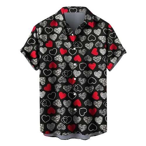 

Men's Shirt Summer Hawaiian Shirt Heart Graphic Prints Turndown Black White Pink Red Fuchsia Outdoor Street Short Sleeves Button-Down Print Clothing Apparel Tropical Fashion Hawaiian Designer