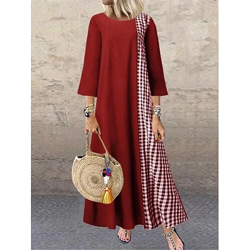 

Per donna Abito in cotone e lino Abito casual Vestito maxi Misto cotone Informale Esterno Giornaliero Girocollo Stampa Manica a 3/4 Estate Primavera 2023 Morbido Nero Rosso Blu marino A quadri M L XL