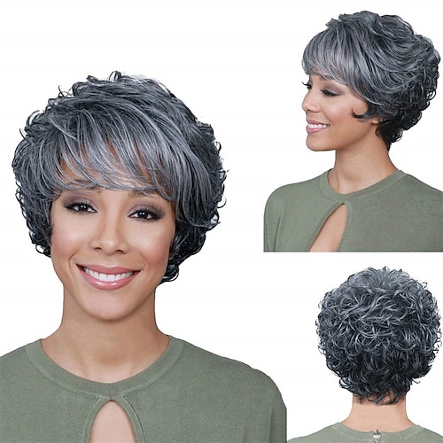 

mote kvinners sexy blandet farge hel smell parykk kort parykk krøllete parykk styling kul parykk afroamerikansk nisse parykker grå kort hår parykk med rosenett