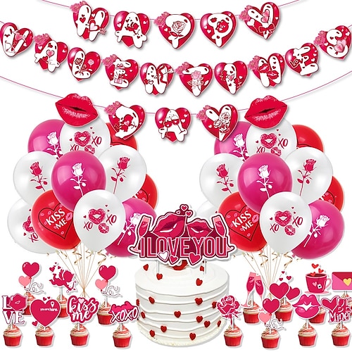 

decoraciones del día de san valentín feliz día de san valentín rojo rosa brillante banner cake topper globos para el tema de san valentín decoraciones para fiestas en el hogar suministros decoración