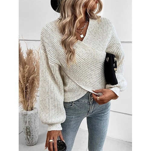 

Damen Pullover Strickwaren Gehäkelt Stricken Patchwork Feste Farbe V Ausschnitt Stilvoll Casual Täglich Ausgehen Herbst Frühling Beige Grau S