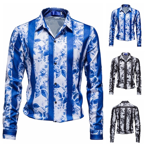 

Men's Shirt Floral Striped Graphic Prints Turndown Black Blue Outdoor Street Long Sleeve Button-Down Print Clothing Apparel Fashion Designer Casual Soft