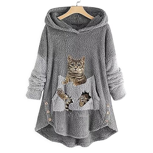 

Inspired by Animal Cat Sweatshirt Cat Ear Fleece Hoodie Anime Pront Pocket Teddy Plain Button Hoodie For Women's Adults' 3D Print Flannel Casual Daily