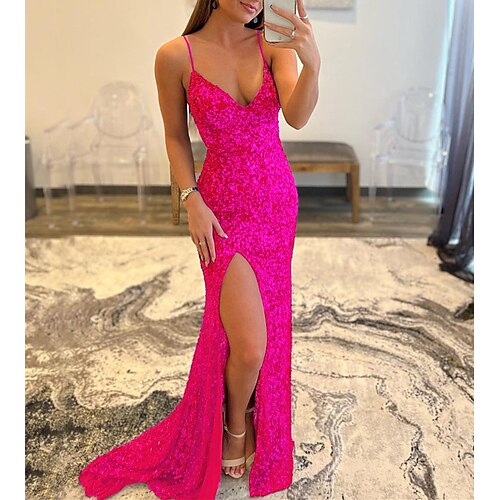 

A sirena Abiti da ballo Sensuale Vestito Formale Strascico a terra Senza maniche Con bretelline Con strass con Lustrini Fessura 2023