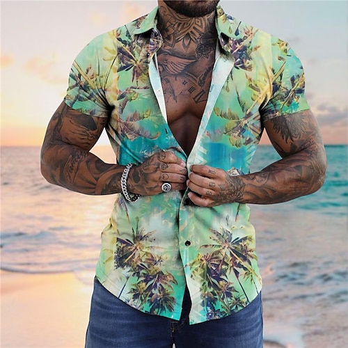 

Men's Shirt Summer Hawaiian Shirt Coconut Tree Graphic Prints Turndown Purple Green Street Casual Short Sleeves Button-Down Print Clothing Apparel Tropical Fashion Hawaiian Designer