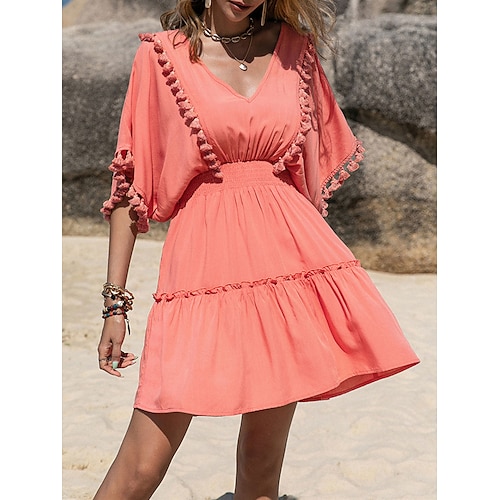 

Dame Strandkjole Strandklær Mini kjole Dusk Rynket Mote Fritid عادي V-hals Halvlange ermer Løstsittende utendørs Daglig Lilla Fuksia 2023 Vår Sommer S M L XL
