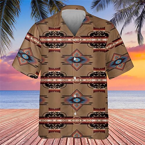 

Men's Shirt Graphic Prints Geometry Turndown Brown Beige Street Casual Short Sleeve Button-Down Print Clothing Apparel Vintage Designer Ethnic Style