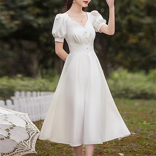 

Bridal Shower Vestitini bianchi Informale Abiti da sposa Lunghezza tè Linea-A Manica corta A V Raso Con Tinta unita 2023 Abiti da sposa