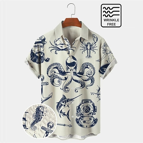 

Men's Shirt Summer Hawaiian Shirt Graphic Prints Octopus Rudder Marine Life Turndown Blue Outdoor Street Short Sleeves Button-Down Print Clothing Apparel Tropical Fashion Hawaiian Designer