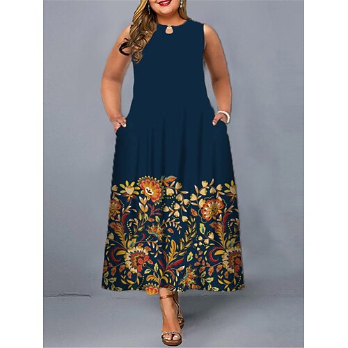 

abito da donna plus size a forma di mela abito casual una linea abito grafico floreale abito lungo maxi abito senza maniche tasca stampa girocollo moda quotidiano bianco giallo abito primavera estate