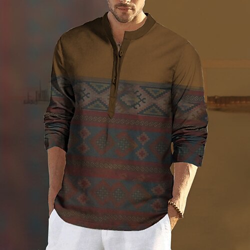 

Men's Shirt Graphic Prints Vintage Geometry Stand Collar Blue Brown Green Gray Outdoor Street Long Sleeve Button-Down Print Clothing Apparel Fashion Designer Casual Comfortable