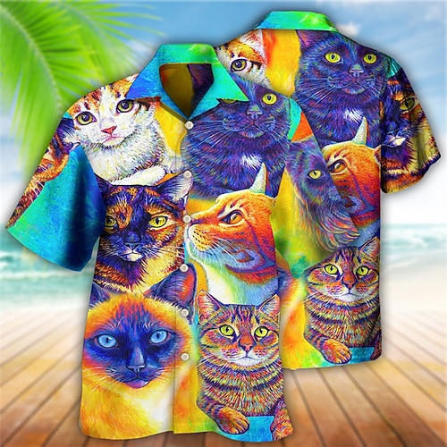 

Homens Camisa Social Camisa havaiana Animal Gato Estampas Abstratas Aberto para a Lateral Arco-íris Casual Feriado Manga Curta Botão para baixo Imprimir Roupa Tropical Moda Havaiana Macia