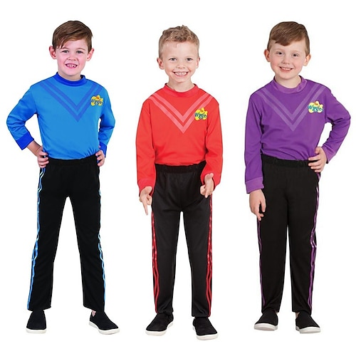 

The Wiggles Cosplay kostyme Drakter 2 deler Dame Gutt Film-Cosplay Cosplay Halloween Rød Blå Lilla Topp Bukser Halloween Karneval Maskerade polyester