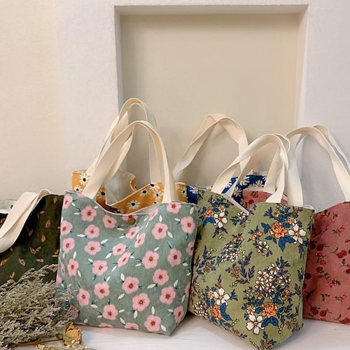 

Women's Tote Tote Canvas Tote Bag Corduroy Shopping Daily Print Flower small green flowers Corduroy Blue Daisy Portable Corduroy Red Rose Portable