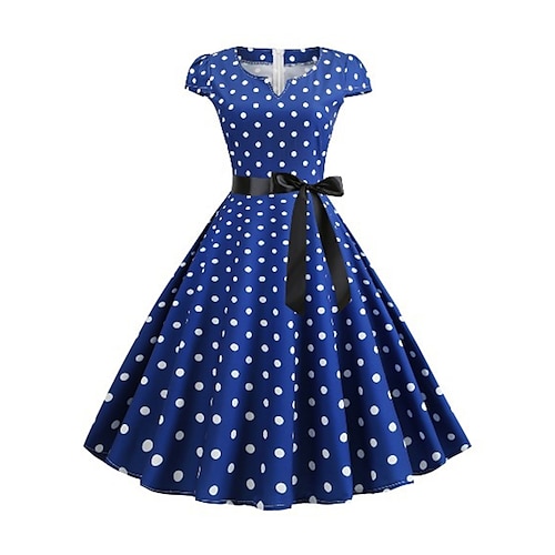 

Dame Elegant Retro Rød Vintage kjole Midikjole Fest utendørs Trykt mønster Polkadotter V-hals Kortermet Normal Sommer Vår 2023 Lyseblå Svart S M L XL