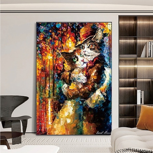 

Handmade Hand Painted Oil Painting Wall Modern Abstract Cat Couple Painting Pattle Knife Art Canvas Painting Home Decoration Decor Rolled Canvas No Frame Unstretched