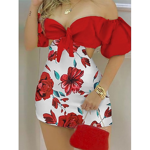 

Dame Tubekjole Sexy kjole Mini kjole Gul Rød Grønn Kortermet Blomstret Åpen rygg Sommer Vår Løse skuldre Fest 2023 S M L XL 2XL 3XL / Trykt mønster
