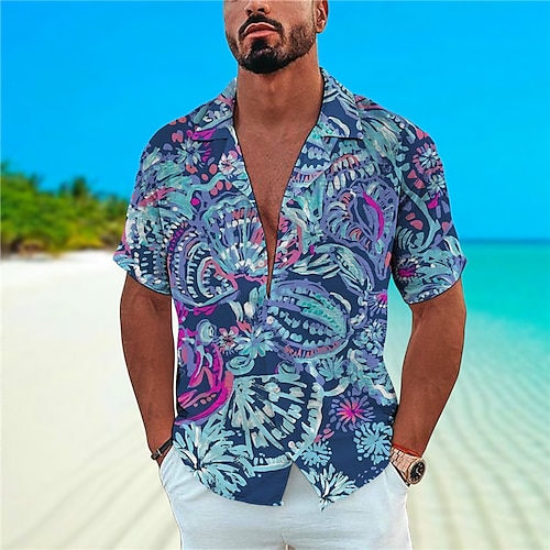 

Men's Shirt Summer Hawaiian Shirt Floral Graphic Prints Turndown Blue Purple Casual Holiday Short Sleeve Button-Down Print Clothing Apparel Tropical Fashion Hawaiian Soft