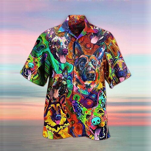 

Men's Shirt Summer Hawaiian Shirt Dog Graphic Prints Oil Painting Turndown Yellow Casual Going out Short Sleeves Button-Down Print Clothing Apparel Tropical Hawaiian Designer Casual