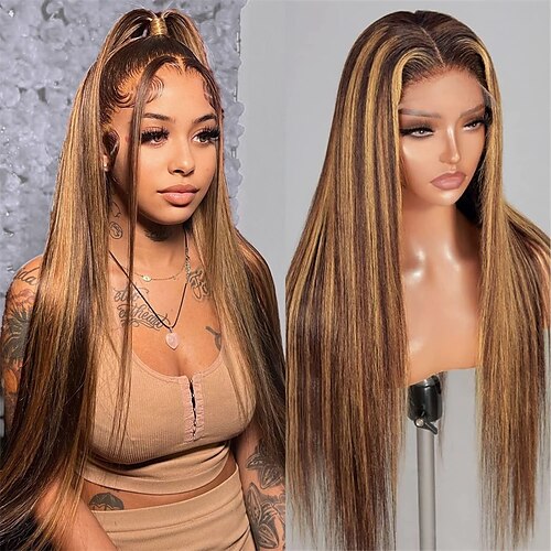 

highlight ombre blonder frontparykk menneskehår 13x4 rett 4/27 honningblond hd blonder frontparykk menneskehår forhåndsplukket 150 % tetthet farget blondefrontparykker for svarte kvinner 28tommer