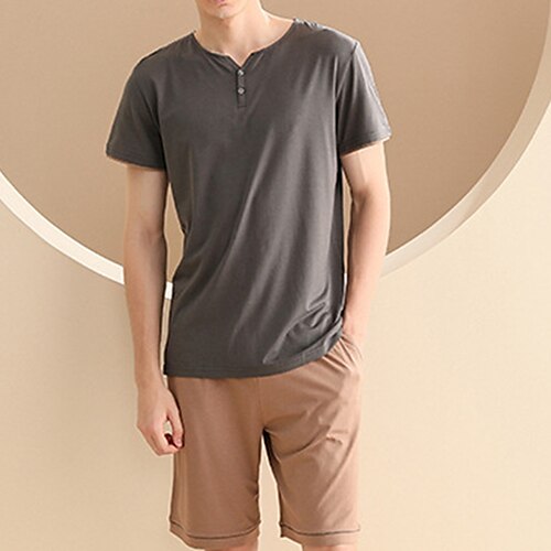 

Herre lounge Pyjamas Sett Pyjamas topp og shorts 1set عادي Stilfull Fritid Hjem Daglig Seng Bomull Pustende Myk V-hals Kortermet T skjorte Shorts Lomme Elastisk midje Vår Sommer Lysegrønn Grå