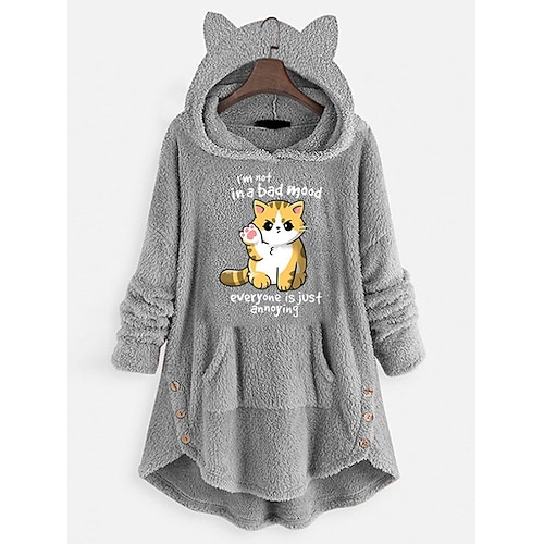 

Inspired by Animal Cat Sweatshirt Cat Ear Fleece Hoodie Anime Pront Pocket Teddy Plain Button Hoodie For Women's Adults' Hot Stamping Flannel Casual Daily