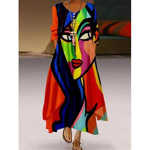 

Women's Abstract Portrait Floral Long Dress Maxi Dress Casual Dress Shift Dress Print Dress Fashion Streetwear Outdoor Daily Weekend Pocket Print Long Sleeve V Neck Dress Loose Fit Yellow Red Blue
