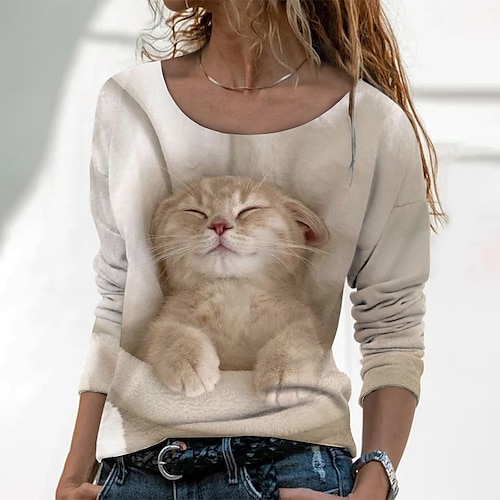 

Women's T shirt Tee Pink Blue Green Cat 3D Print Long Sleeve Daily Weekend Basic Round Neck Regular 3D Cat Painting S