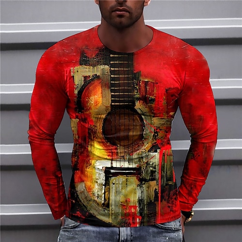 

Herre T-shirt T-Shirts Grafisk Guitar Rund hals Tøj 3D-udskrivning udendørs Afslappet Langærmet Trykt mønster Årgang Mode Designer