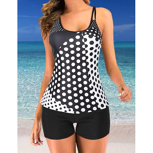 

Women's Swimwear Tankini 2 Piece Normal Swimsuit 2 Piece Printing Leaf Polka Dot Black and white leaves Black White Red Blue Tank Top Bathing Suits Sports Summer