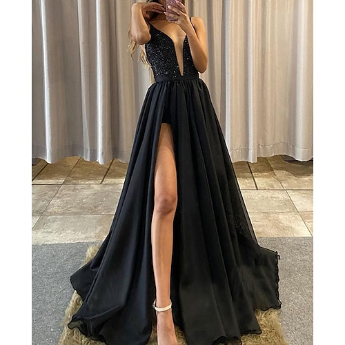 

Linea-A Abiti da ballo Brillante e glitterato Vestito Formale Strascico di corte Senza maniche Con bretelline Mercoledì Famiglia Addams Chiffon con Lustrini Fessura 2023