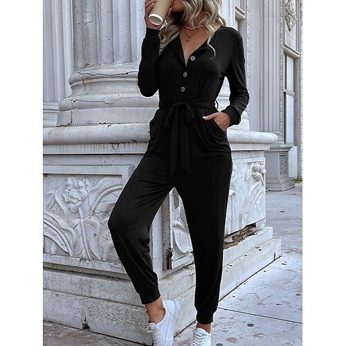 

Women's Jumpsuit Lace up Button Solid Color V Neck Streetwear Daily Vacation Regular Fit Long Sleeve Black S M L Fall