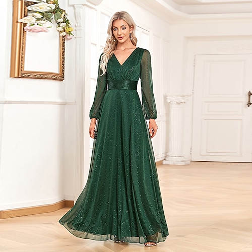 

A-linje Kveldskjoler Elegant Kjole Formell Gulvlengde Langermet V-hals Chiffon med Paljett 2023